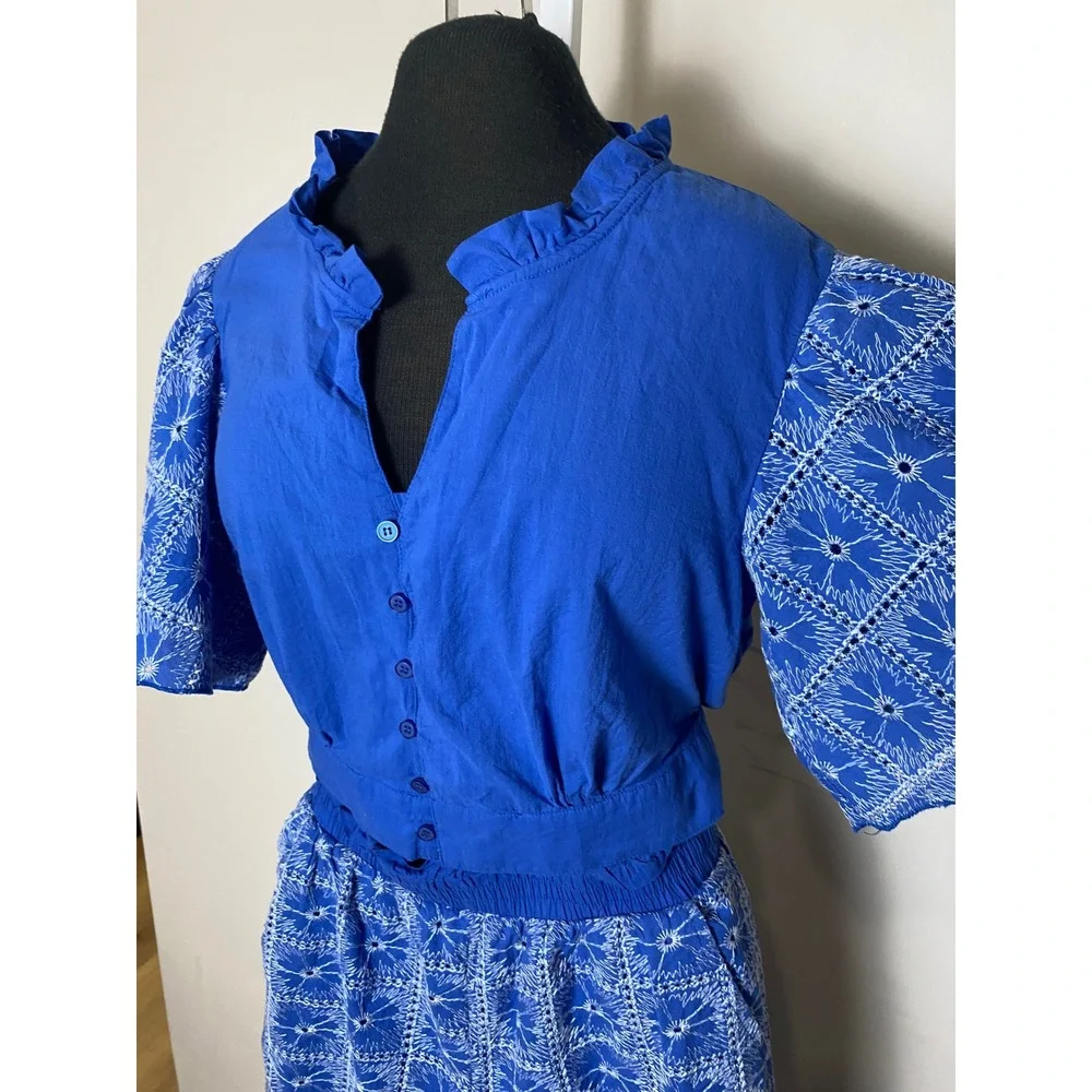 Solitaire Blue Eyelet Embroidered 2 Piece Crop Top Wide Leg Pants Boho Resort
